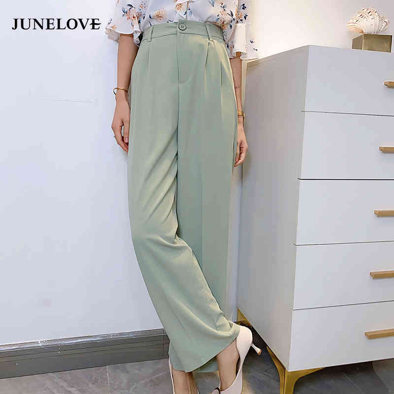 Women Summer Elegant Long Pants Vintage High Waist Wide Leg Casual Korean Loose Straight Trousers Bottoms 210517