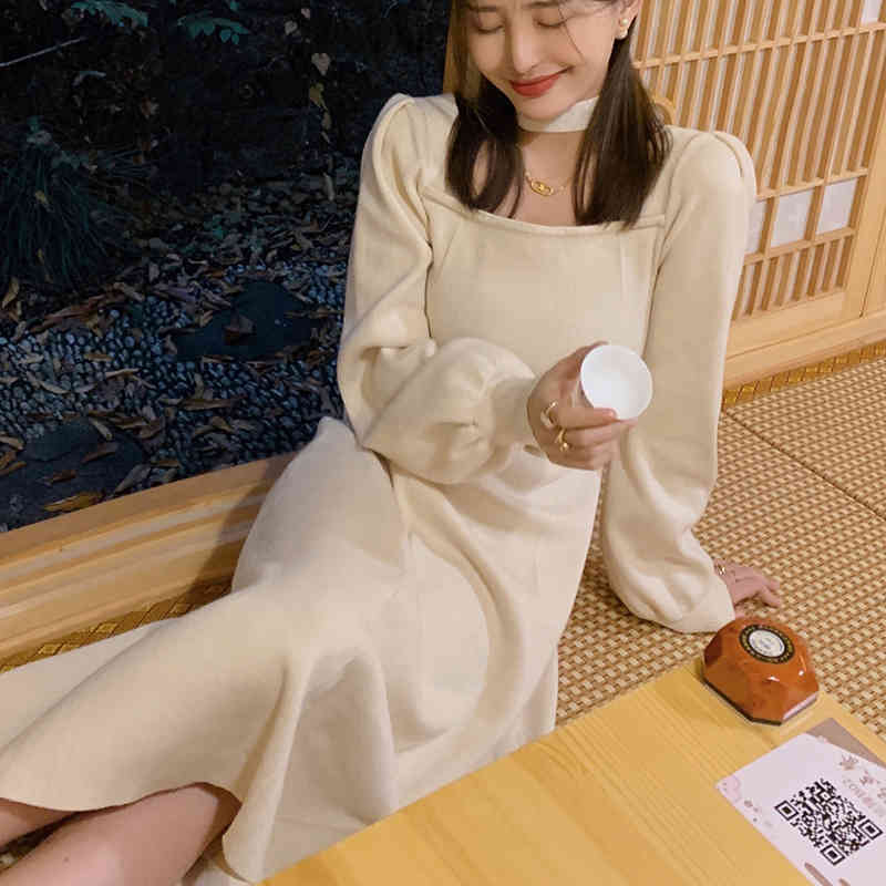 Winter Vintage Dress Women Long Sleeve Elegant Office Knit Dress Female Square Collar Retro Sweater Dress Korean 210521
