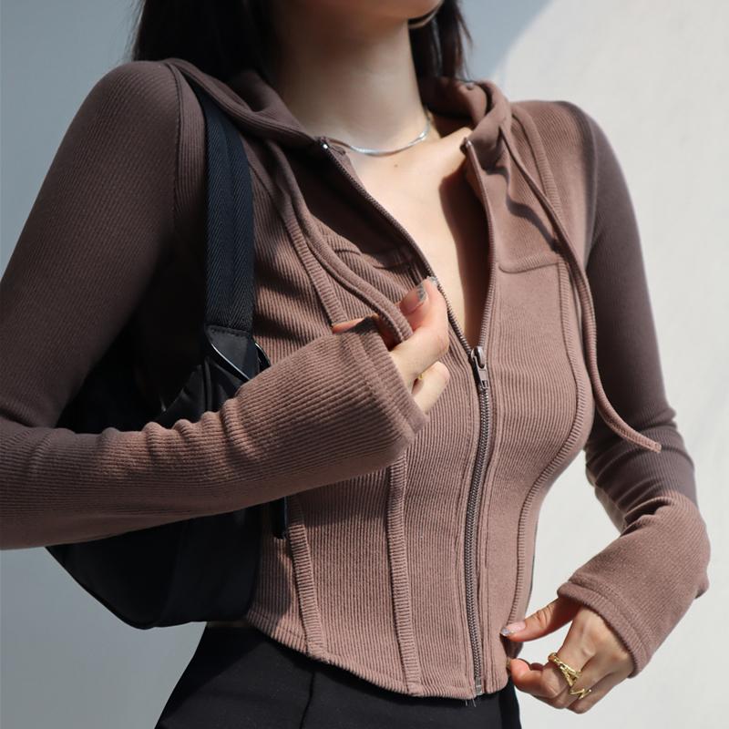 Women' Hoodies & Sweatshirts Women Zip Up Crop Fitted Hoodie With Curve Hem And Tapes Detail, Beige