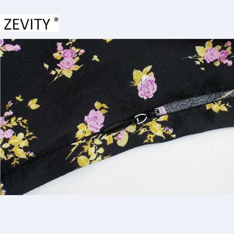 ZEVITY Women Vintage Pleats Square Collar Floral Print Side Zipper dress Ladies Puff Sleeve Business Vestido Chic Dresses DS4519 210603
