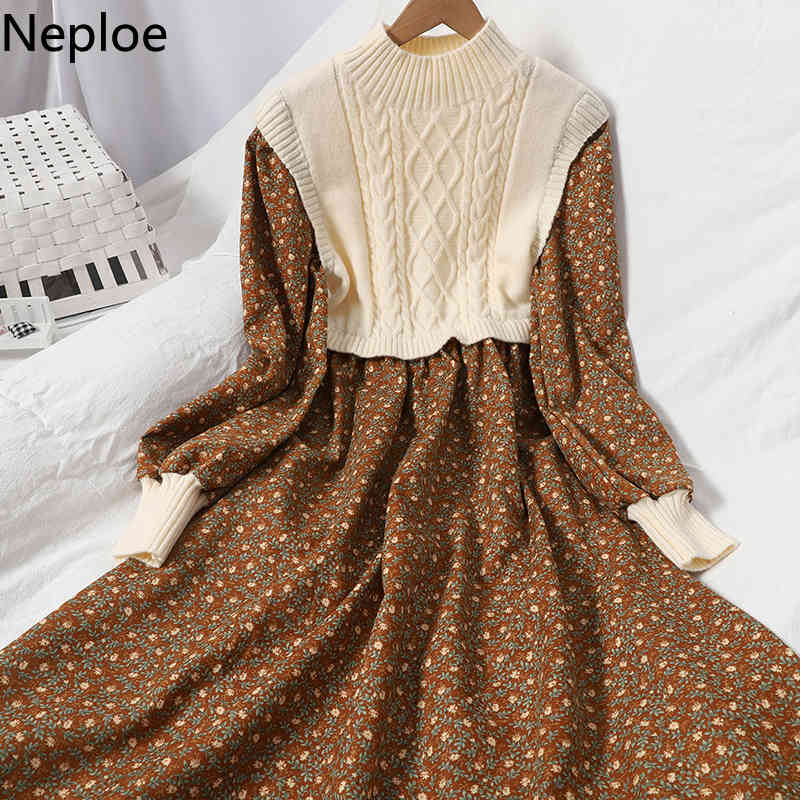 Neploe Patchwork Knitted Crobbed Dresses for Women Temperament Corduroy Floral Vestidos Lace Up Robe Korean Dress Female 210422
