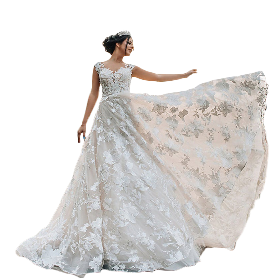 2021 White A Line Wedding Dresses Plus Size Bridal Gowns Jewel Neck Appliques Covered Button Sleeveless Vestios De Novia