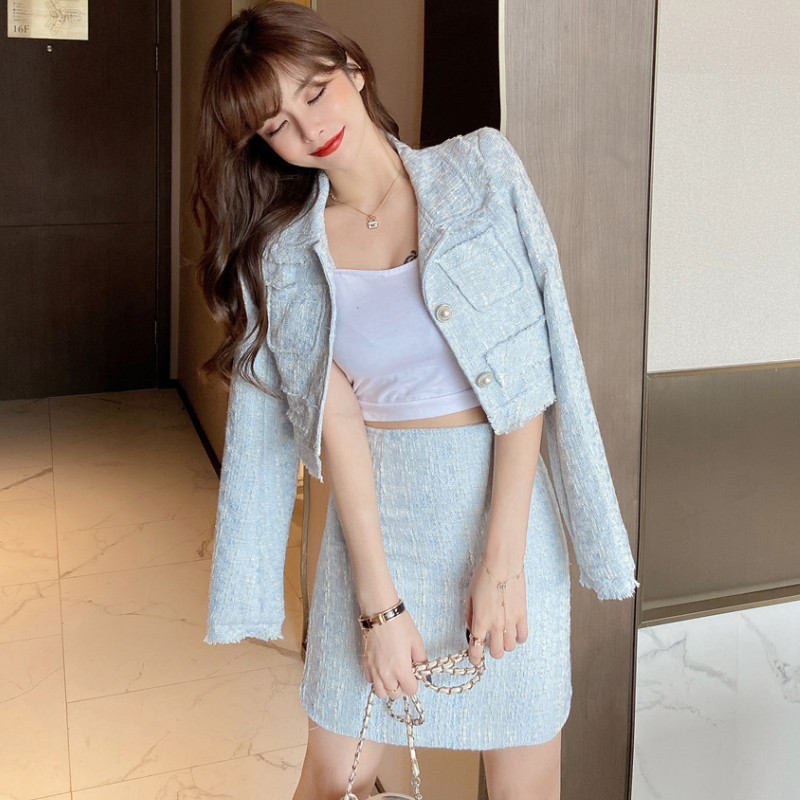 Autumn Winter Two Piece Set Elegant Skirt Suit Fashion Tweed Long Sleeve Crop Top + Bodycon Mini Skirt Set Outfits 210518