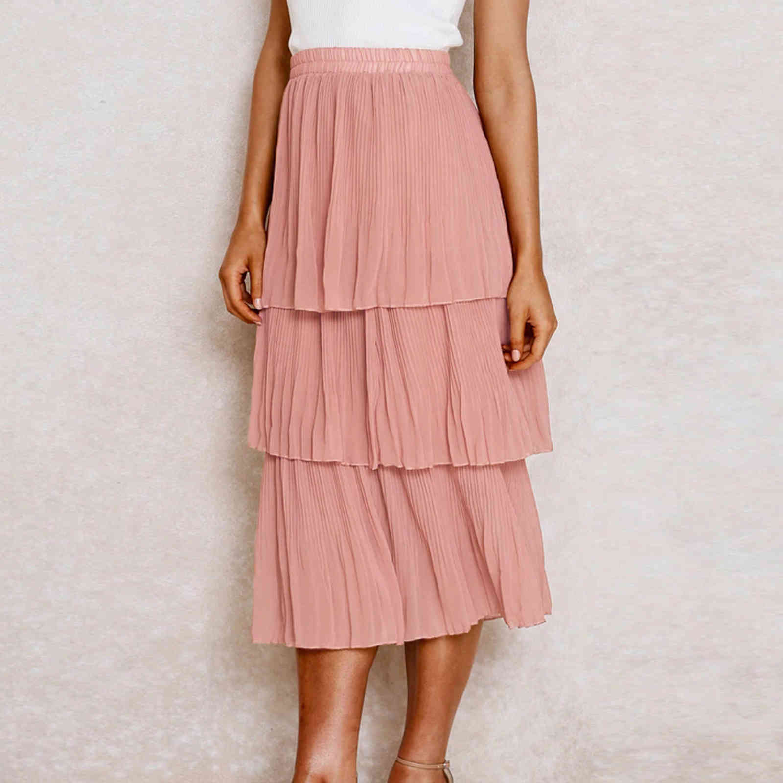 Beach skirts womens fashion chiffon stitching pleated female solid color Ruffles Mid-Calf long white lady 210508