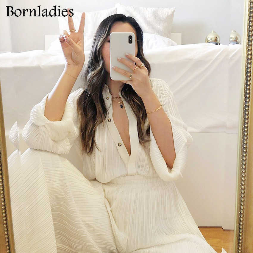 Bornladies Pleated Wide Leg Pants Sets Women Elastic High Waist Ruched Palazzo Pants + Loose Blouse Shirt Sets Oversized Pants 211007