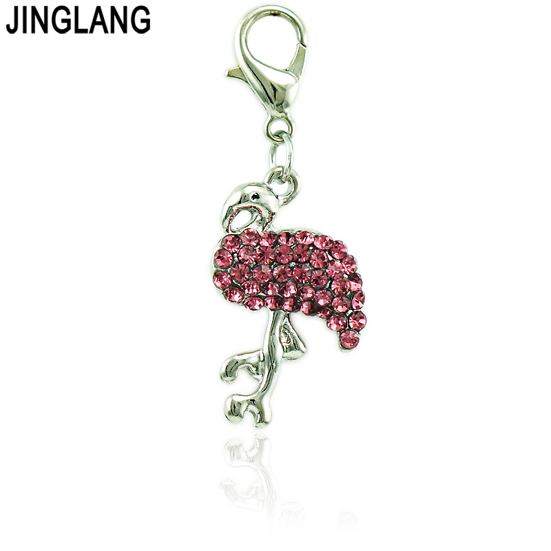Hot Sell Fashion Floating Charm Alloy Lobster Clasp Rhinestone Mix Flamingo Charms Pendants Jewelry Accessories