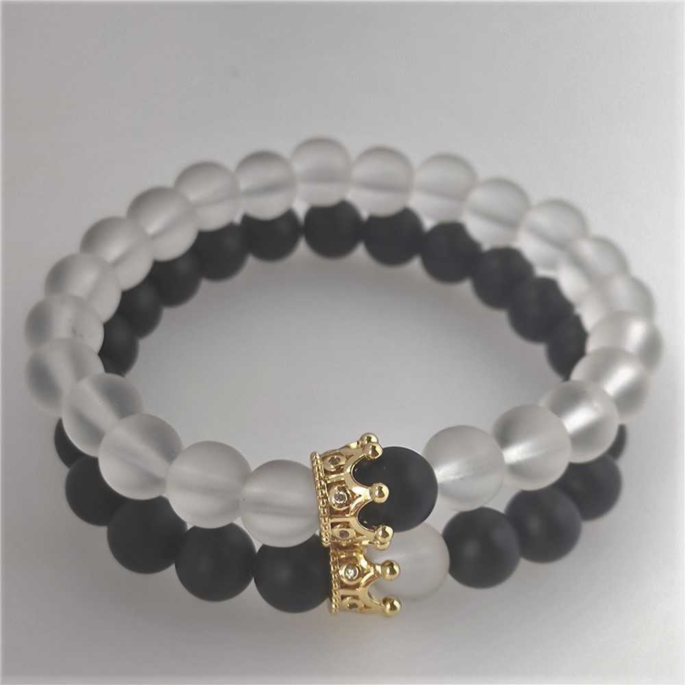 8mm Black Frosted Stone Buddha Bead Bracelet with Zircon Crown and Lovers' Beaded Set Bracelet
