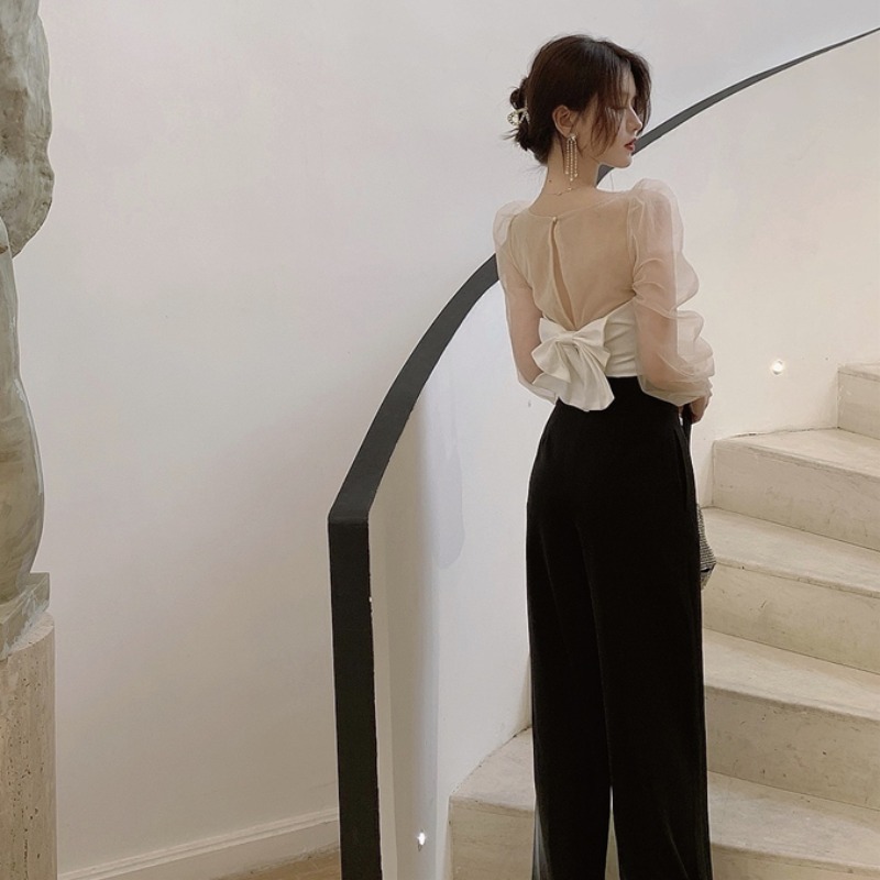 Nomikuma Sexy Slim Short Women Blouse Back Bowknot Hollow-out Blusas Femme New Perspective Mesh Patchwork Shirt 6C429 210427