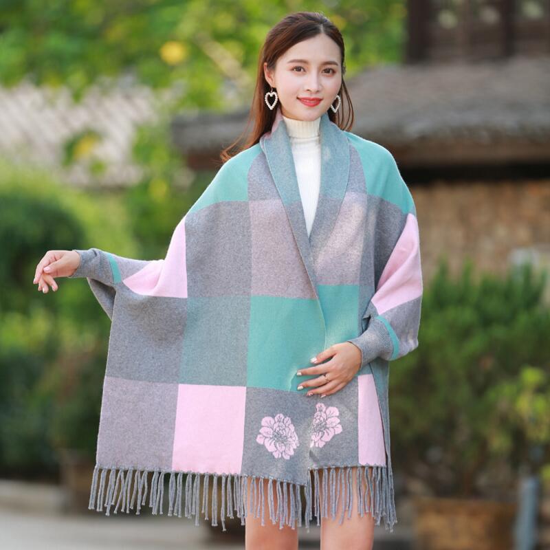 Female Autumn And Winter Large Plaid Shawl Dual-use Cloak Tassel Double-sided Jacquard Bat Sleeve Sweater Jacket 210427