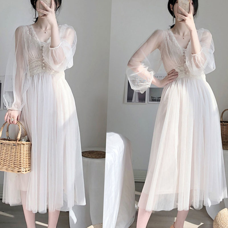Dress Women Spring Plus Size Elegant Button A-Line Vestidos Solid Puff Sleeve Empire V-Neck Lace Voile Mesh 8126 210427