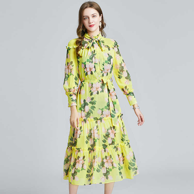 LY VAREY LIN Spring Women Dress Lace Up Stand Collar Print Elegant Chiffon Lady Midi Long 210526