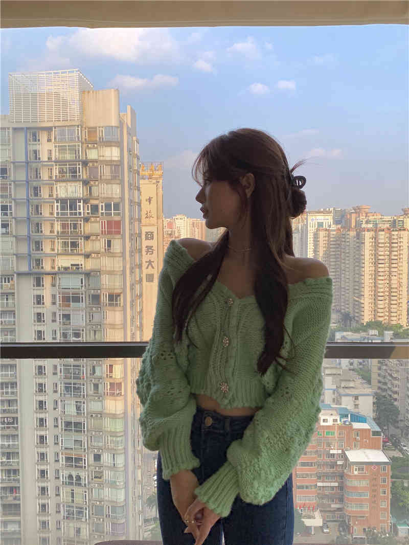 3 colors autumn korean style loose Women v neck Cardigan Sweater coat Female Outwear hollow out Knitted tops (R99442 210423