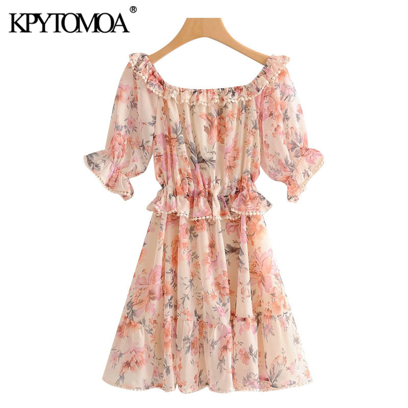 Women Chic Fashion Floral Print Ruffled Mini Dress Short Sleeves With Lining Female Dresses Vestidos Mujer 210420