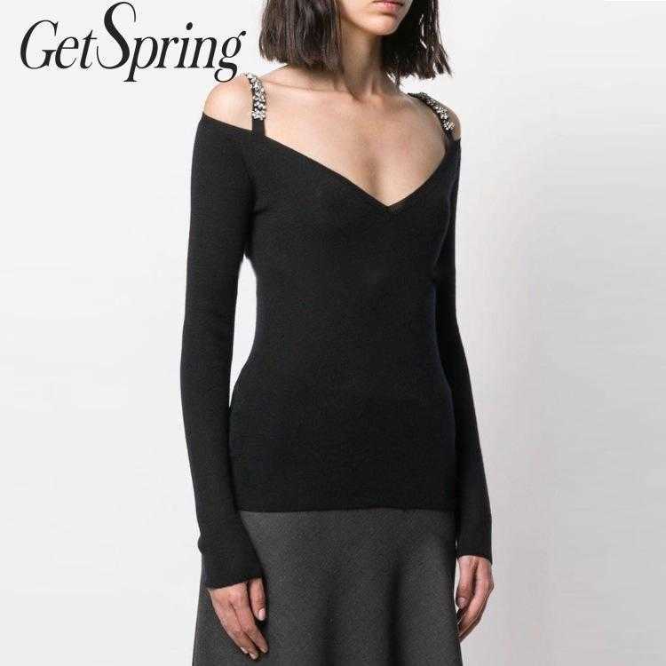 GETSPRING Women Sweater Patchwork V-Neck Off Shoulder Sweaters Black Summer Wool Fashion Vintage 210601
GETSPRING Women Sweater Patchwork V-Neck Off Shoulder Sweaters Black Summer Wool Fashion Vintage 210601