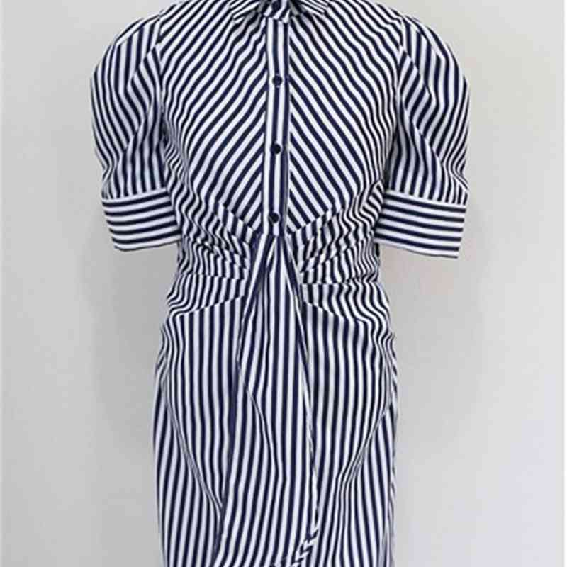 Fashion Women Stripe Shirt Dress Korea Temperament turn Down Collar Puff Sleeve High Waist Ruched Casual Mini 210519