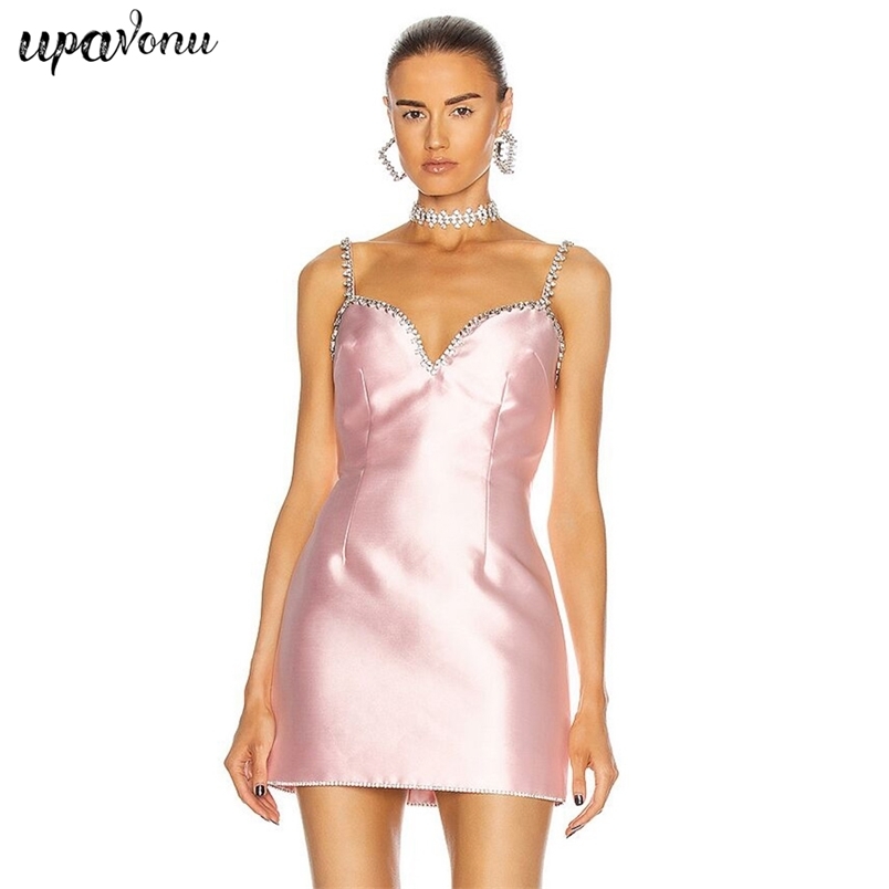 Free Sexy Spaghetti Diamond Strap Mini Dress Women's V-neck Sleeveless Bodycon Halter Club Night Party Vestido 210524