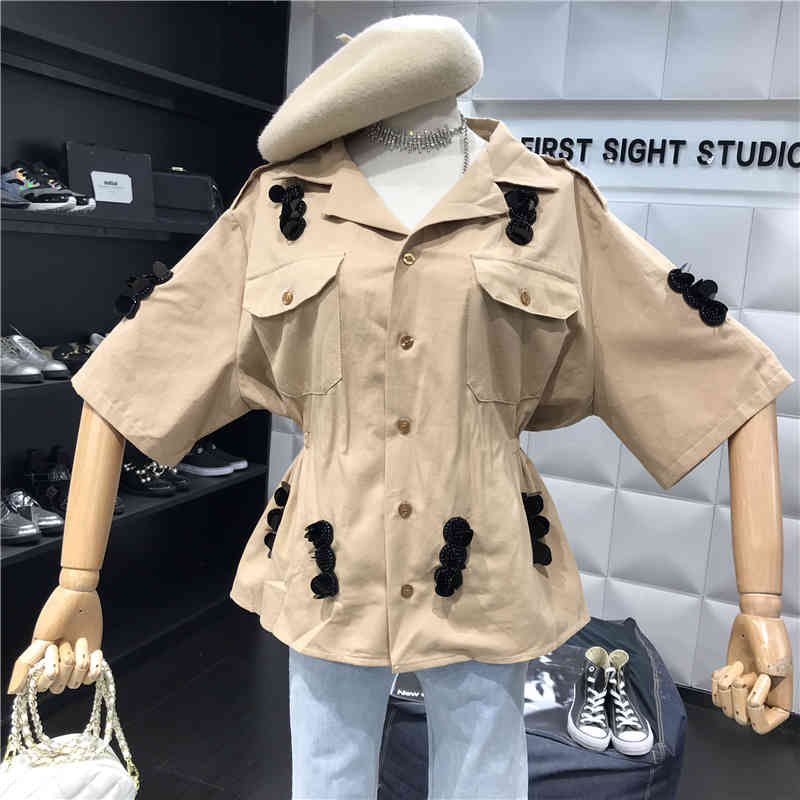 Women Two Piece Outfits Sequined Embroidery Half Sleeve Khaki Jacket Blouse + Lace-up Patchwork Tulle Mesh Skirt Set 210518