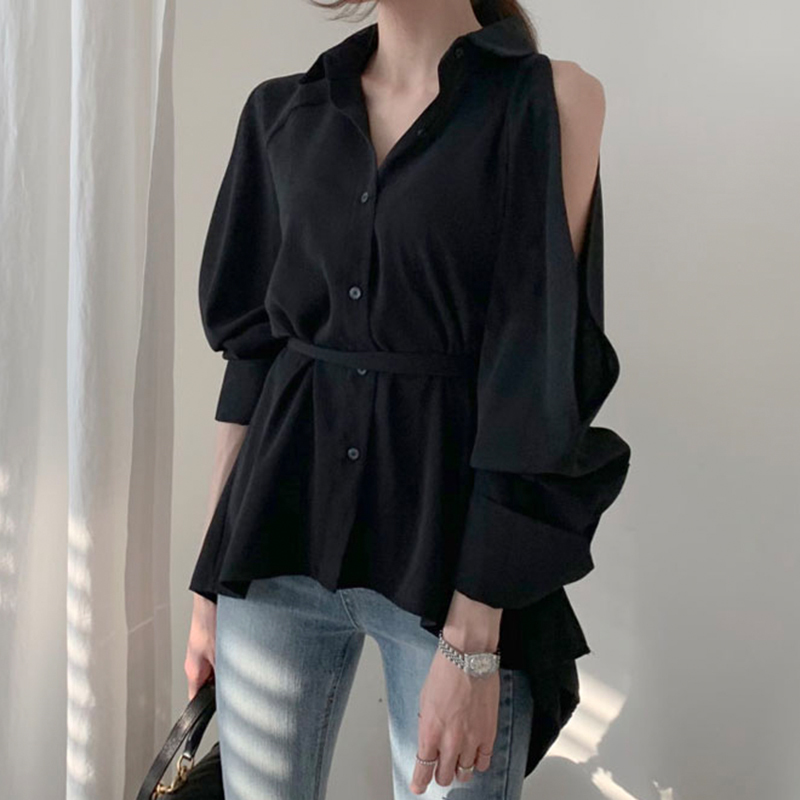 Women Blouse Lady Hollow Out Turn Down Collar Fashion Shirts Blusa Off Shoulder Spring Summer Sexy Solid Tops 210519