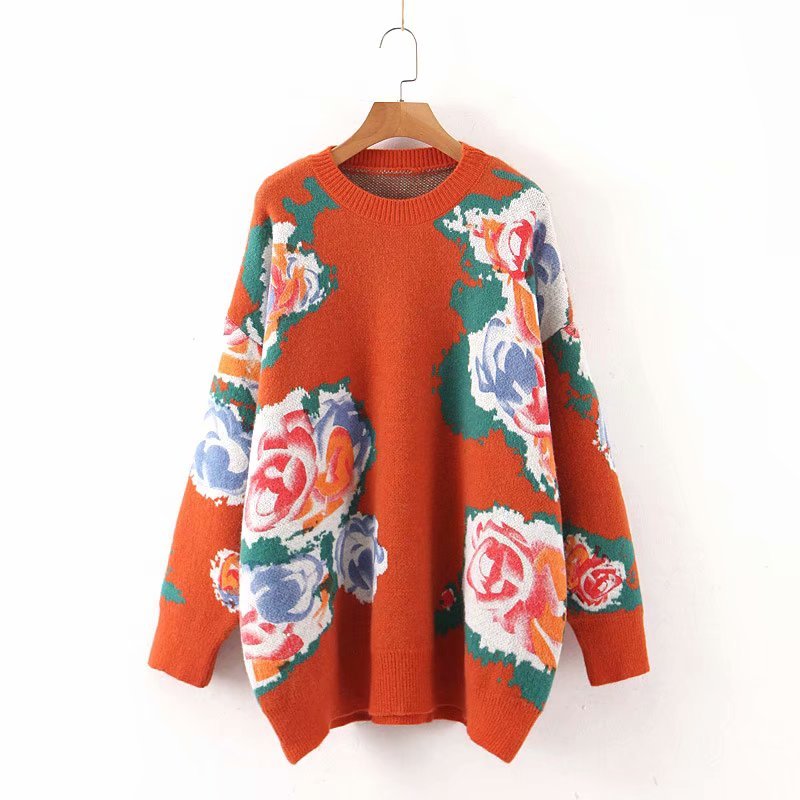 Vintage Chic Women Floral Print Sweaters Fashion Elegant Ladies Black O-Neck Pullovers Casual Jumpers for Girls 210520