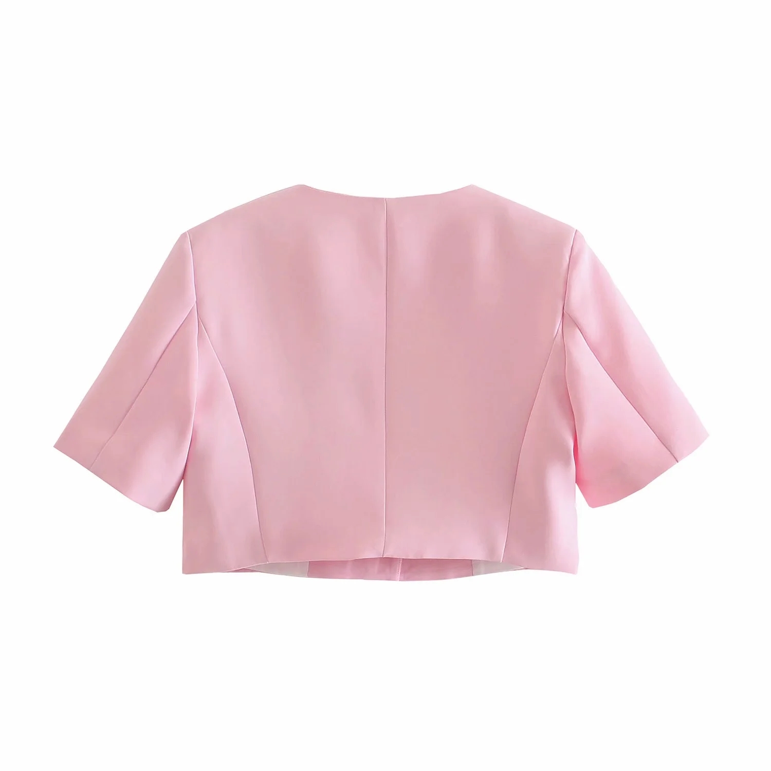 Elegant Pink Cropped Simple Women Blazer Jacket Casual Single Breasted V-neck Short Sleeve Chic Pockets Female Elegant Coats 210521