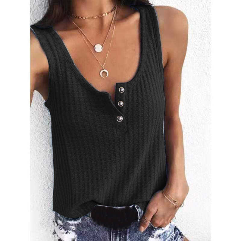 Sexy Summer U-neck Button Black Plaid Sleeveless Tank Top Women Casual Loose Cotton Ribbed Tops Wide Strap Camisole 210604