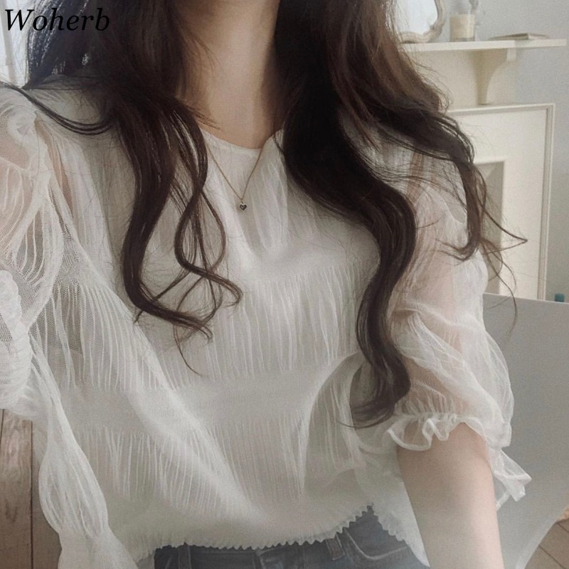 Elegant Thin Chiffon Blouse Women Summer See Through Top Pleated Transparent Puff Sleeve Shirt Casual Tops Blusas 210519
