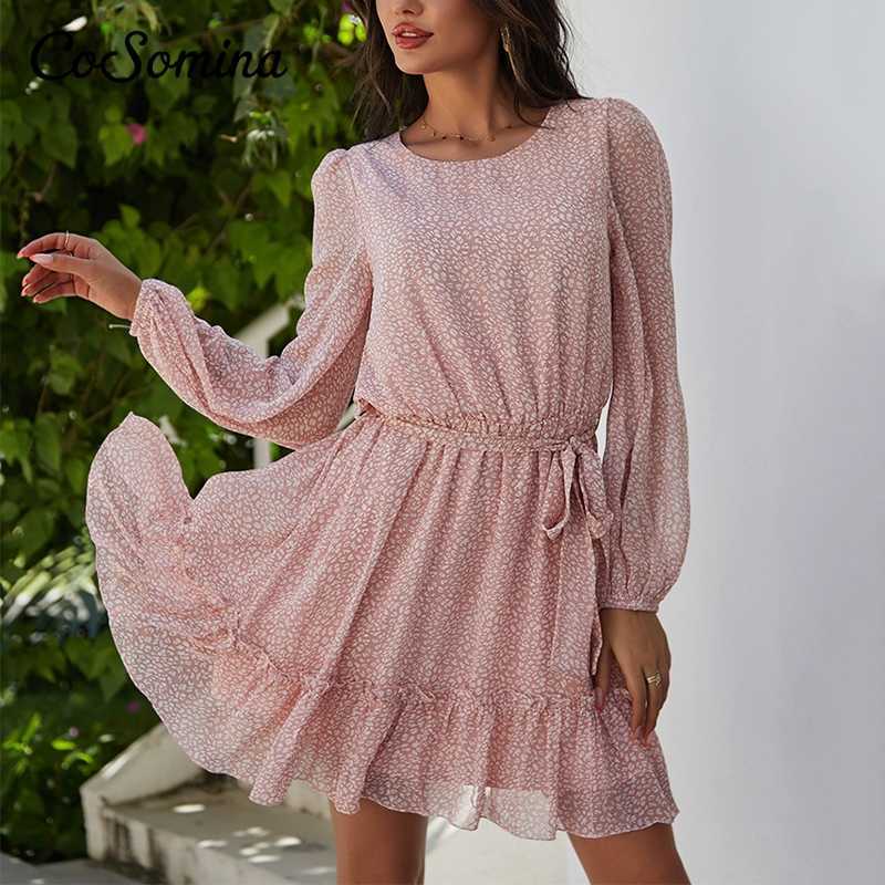 CoSomina Floral Print Ruffled Summer Dress Women Elegant Long Sleeve Sashes Female Chiffon Dress Bohemian Spring Short Dress 210630