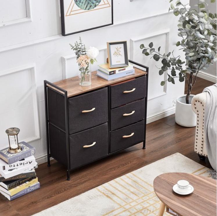 2022 Living Room Furniture 5 Drawer Dresser Storage Organizer Fabric Unit Easy Pull Bins with Steel Frame Wood Top Closets for Entryway Hallway Bedroo