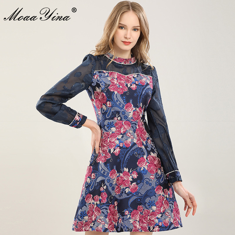 Fashion Designer dress Summer Women' Dress Stand collar Beaded Long sleeve Rose Jacquard Dresses 210524, Navy blue
Fashion Designer dress Summer Women' Dress Stand collar Beaded Long sleeve Rose Jacquard Dresses 210524, Navy blue