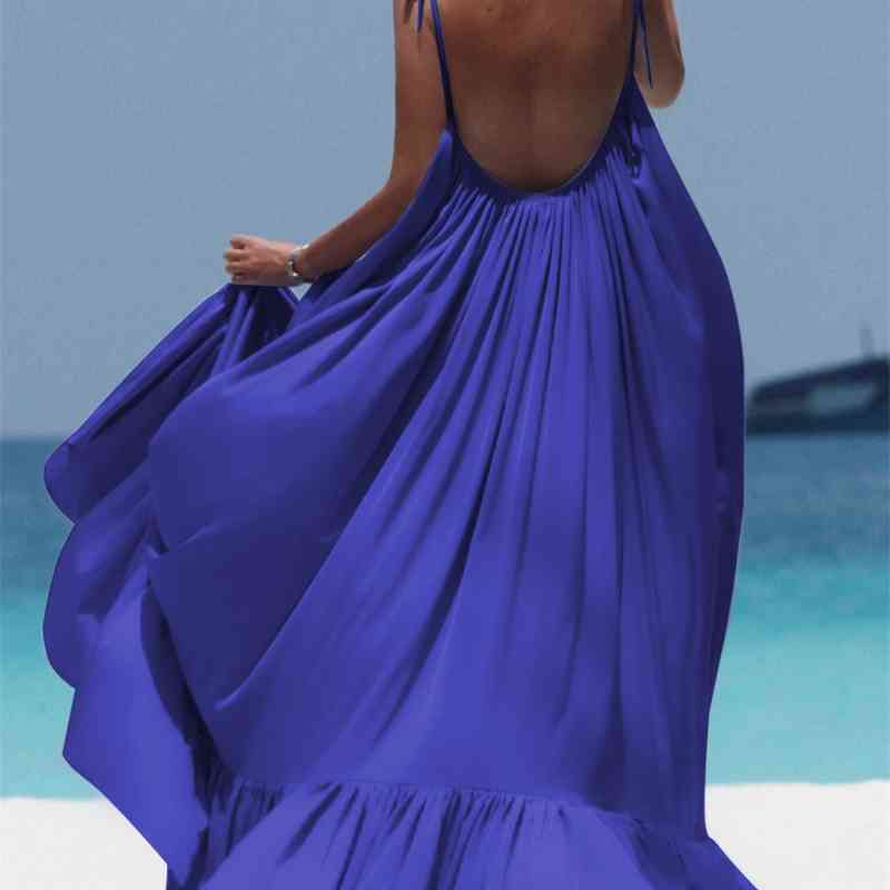 Women Dresses Loose Long Beach Sleeveless Backless Sexy Ruffles Spliced Pleated Plus Size Summer 210513