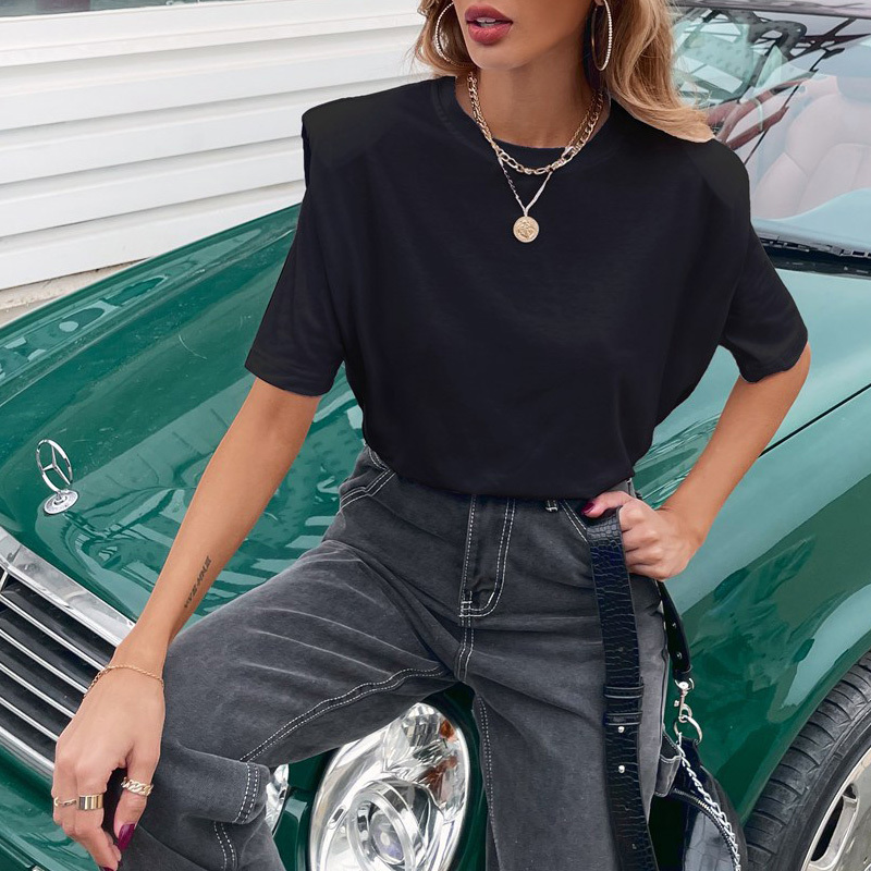 Round Neck Pad Shoulder Woman Tshirts Summer Short Sleeve Fashion Solid Tees For Women Casual T-shirt Tops Clothing 210510