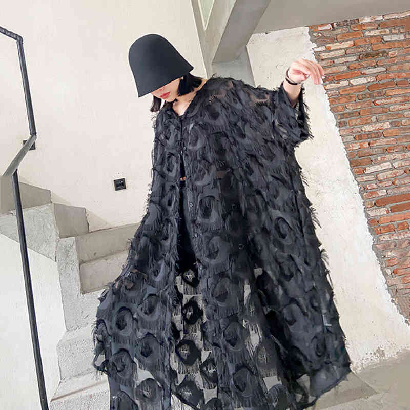 [EAM] Women Black Feather Split Big Size Dress New V-Neck Three-quarter Sleeve Loose Fit Fashion Tide Spring Summer 1T159 210409