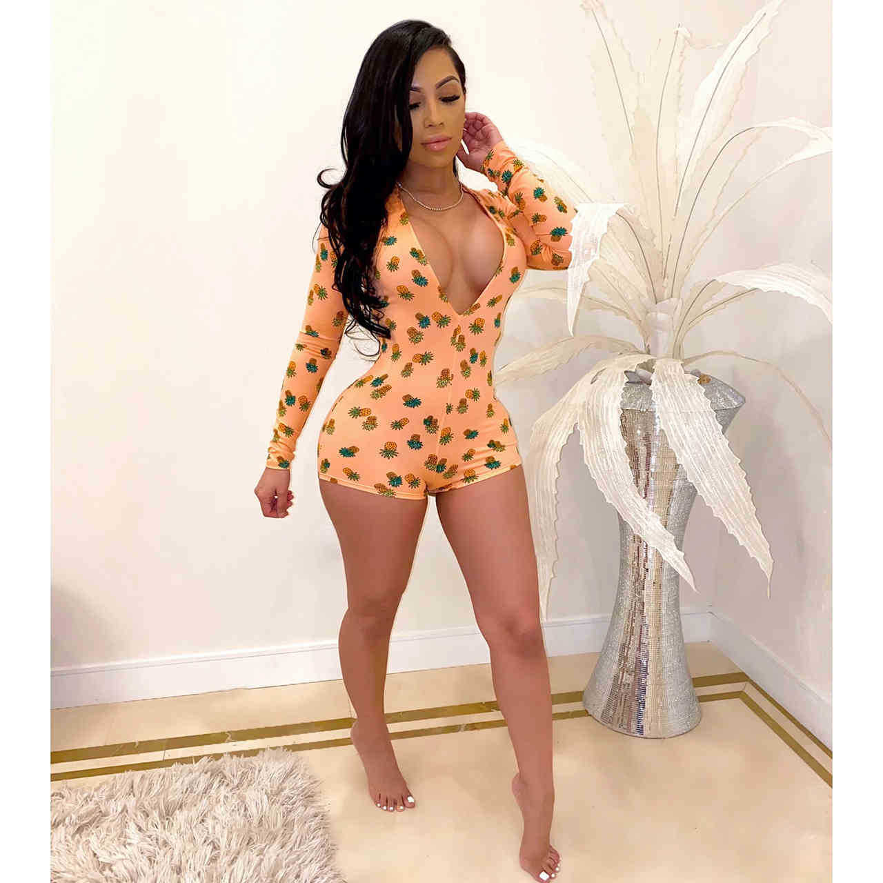 Sexy Skinny Jumpsuit Deep V-Neck Women Long Sleeved Summer Playsuits Cartoon Ice Cream Print Cute Jumpsuits 2021