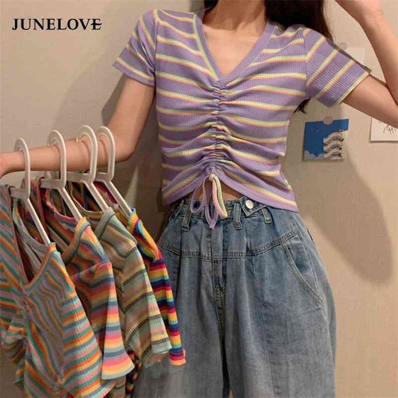 Summer Street Fashion Rainbow Striped Tees Cute Tops V neck Drawstring Knitted Casual Blouse Going Out Omighty 210517, Green
Summer Street Fashion Rainbow Striped Tees Cute Tops V neck Drawstring Knitted Casual Blouse Going Out Omighty 210517, Green