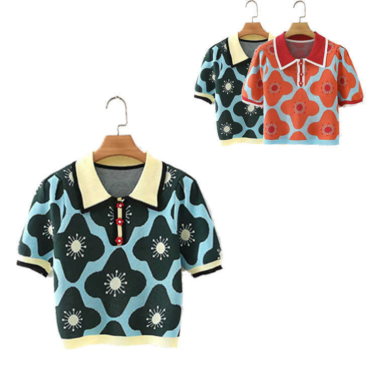 OMCHION College Style Lapel Crocheted Flower Sweater Top 2021 Summer Y2K Short Sleeve Chic Women's Loose T-shirt Knitwear BE43 Y0621