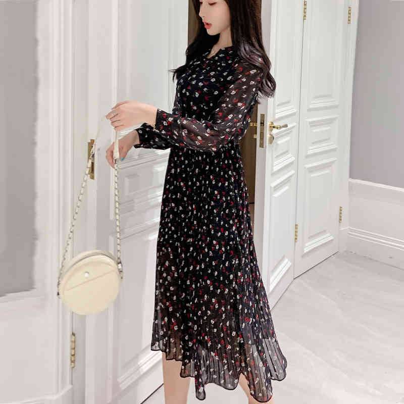 Women Autumn Floral Print Chiffon Dress Sweet Long Sleeve High Waist A-line Bow Empire Mid-Calf Pleated Vestidos 10771 210518