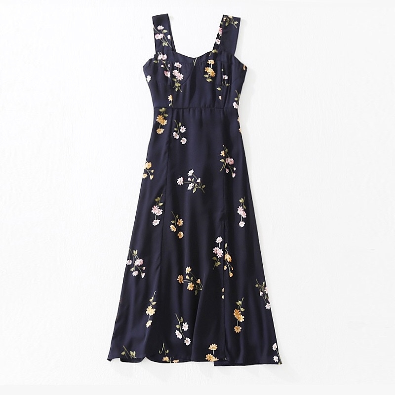 Vintage France Style Navy Floral Print Strap Ruffles Hem Midi Dress Retro Sexy Women Slit Elastic Slim Sling Tea 210429