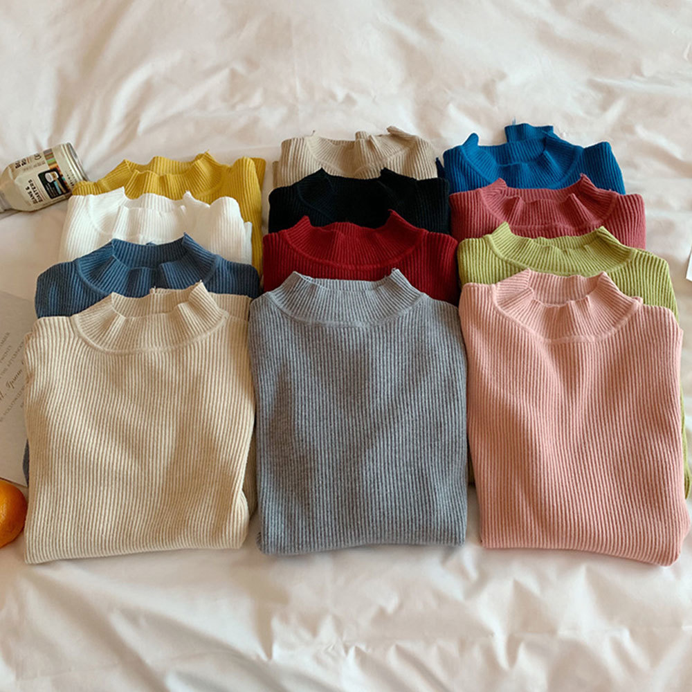 Korean Turtleneck Knitted Sweater Autumn Elegant Slim All-match Pullovers Casual High Elasticity Jumpers Knit Tops 210428