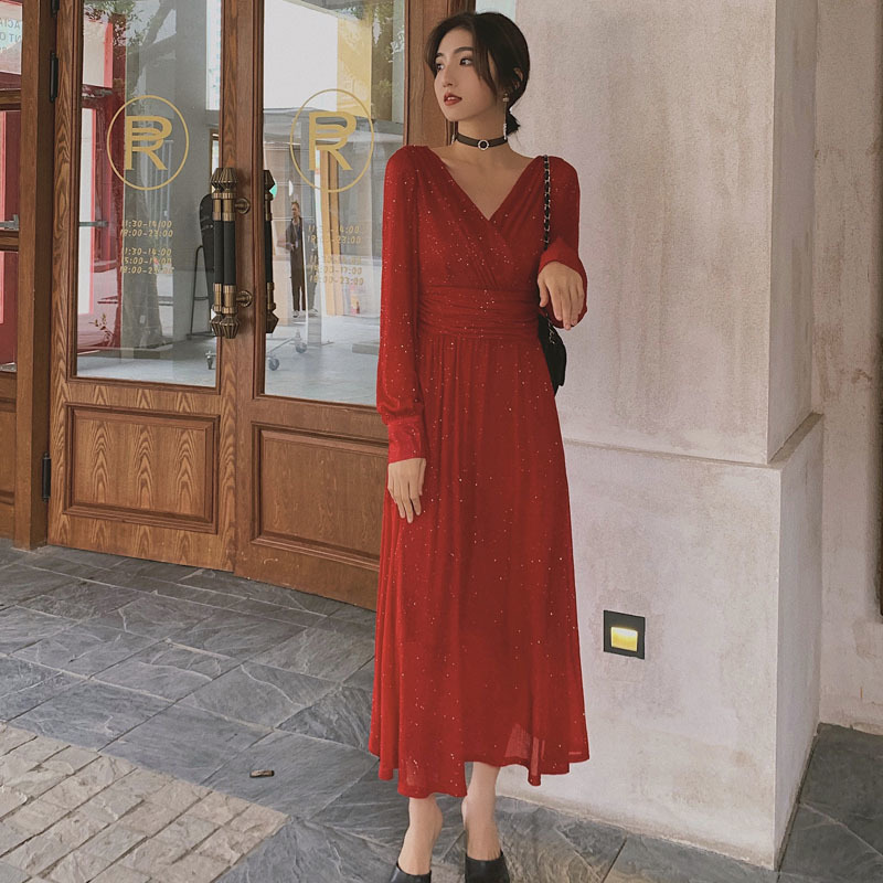 Solid High Waist Puff Sleeve Elegant Dress Vintage V Neck Long Maxi Women Sequin Party Sexy Robe Femme 13019 210427