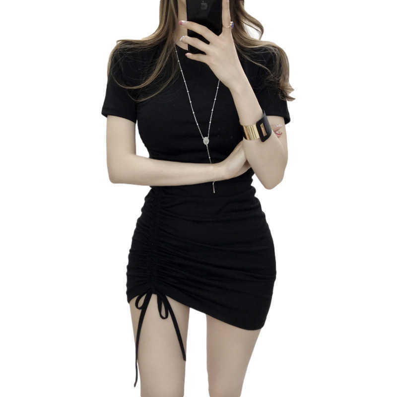 WOMENGAGA Korea summer thin drawstring dress Tight Sexy slim bag hip Sheath female mini dresses sexy tops Z8EL 210603
