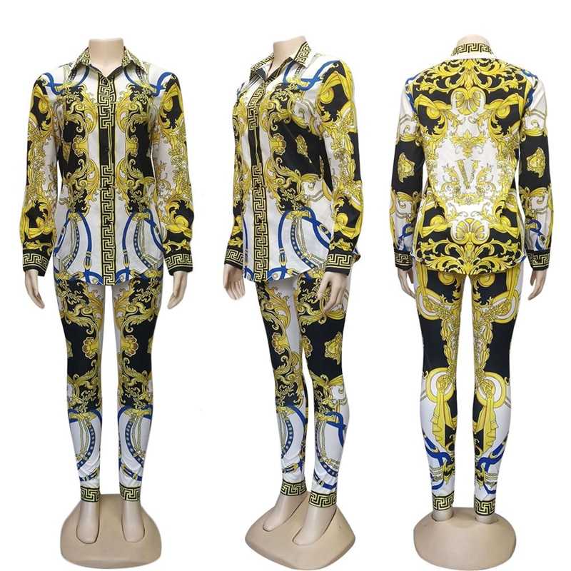 Vintage style print women clothes set full sleeve shirt and pencil pants two piece vintage fashion suit 211105