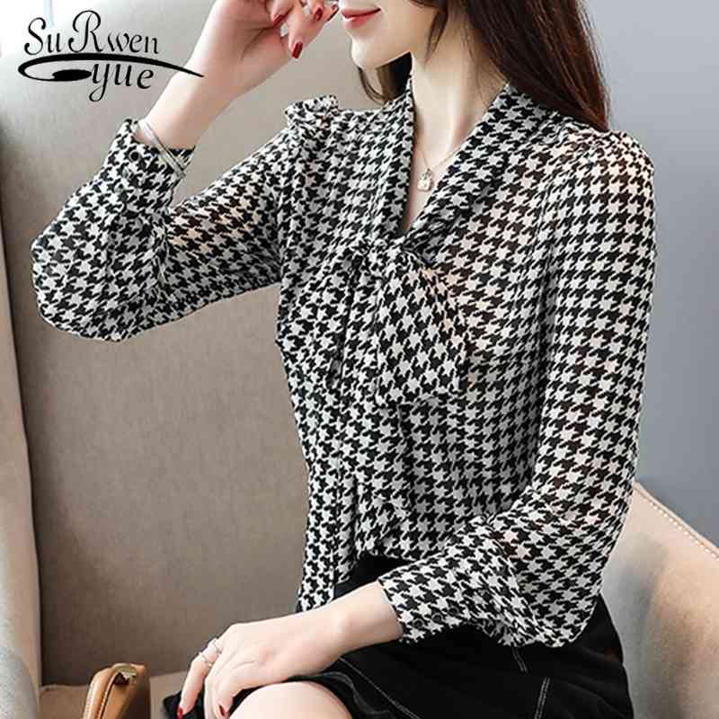 blouses woman blusas mujer de moda ladies tops Office Lady Bow Plaid long sleeve chiffon shirts blusa mujer elegante 6436 50 210417