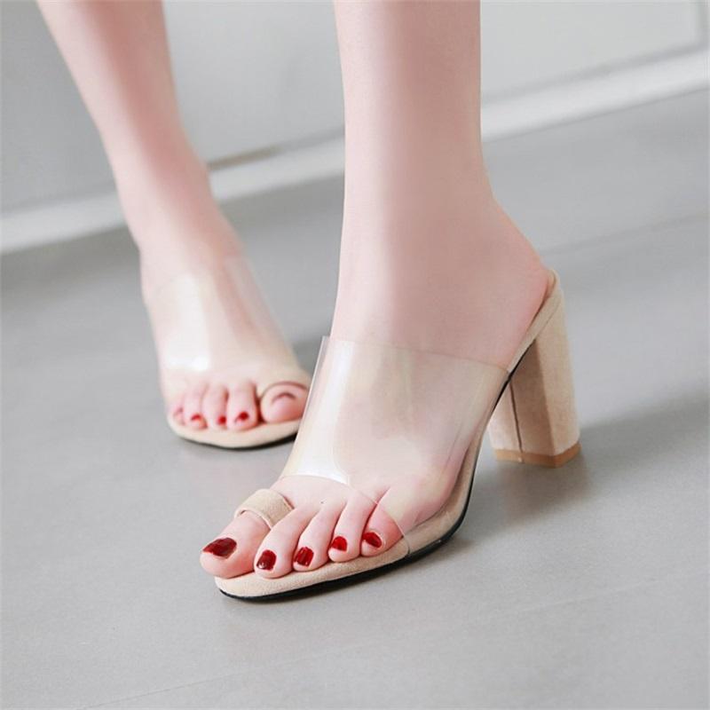 Sandals Women's Transparent Plastic Thick Heel Spring And Summer 2021 Elastic Velvet Fashion High-Heeled Casual