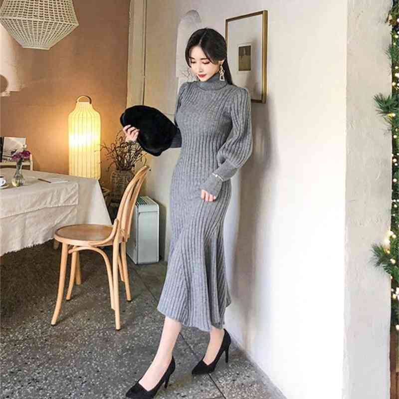 High Quality Autumn Winter Thick Mermaid Knit Sweater Dresses Elegant Lanthern Sleeve Slim Mid-Length Female 210519