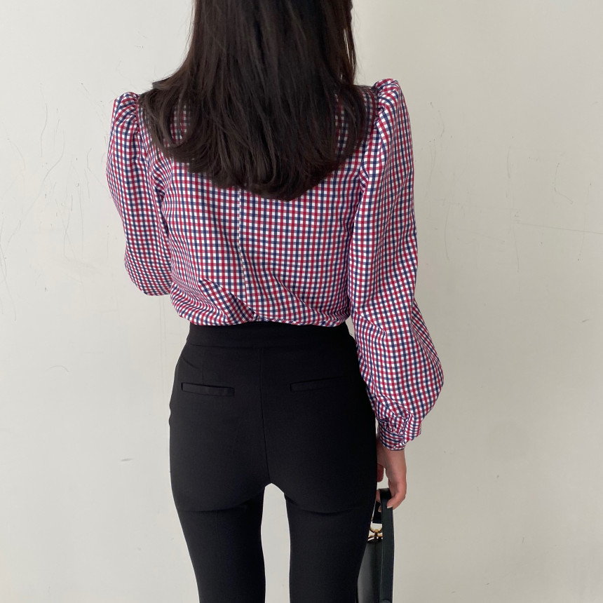 Spring Autumn OL Elegant Minimalist Bow Collar Plaid Shirt Women Blouses Work Wear Chic Loose Puff Sleeve Tops 210421