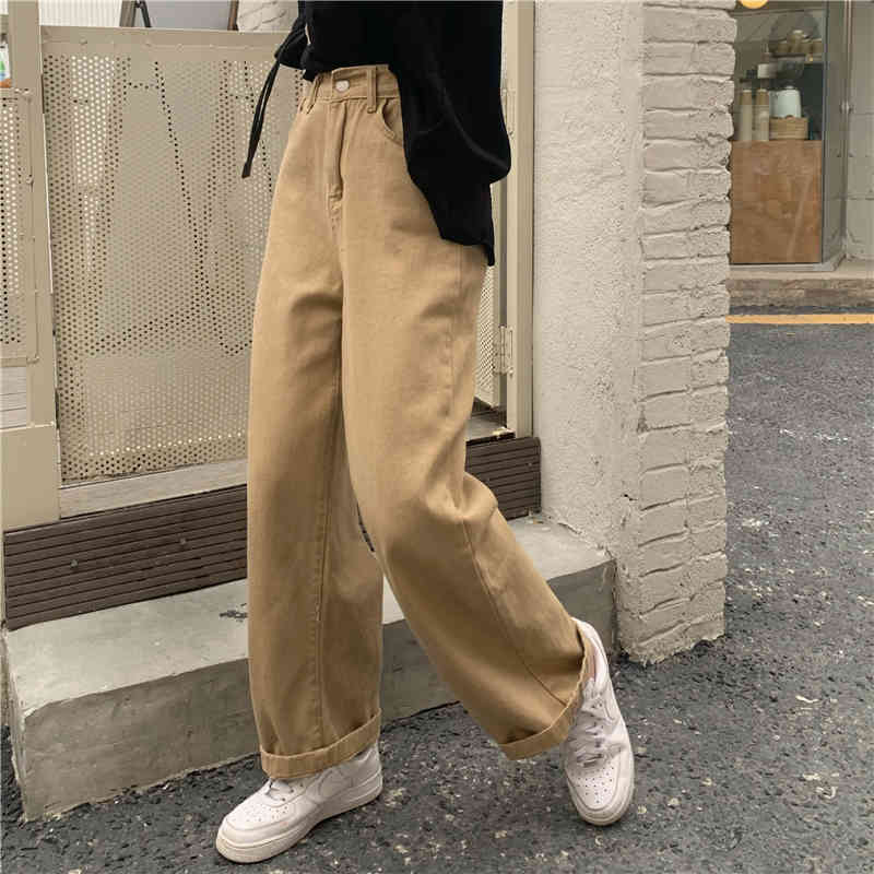Khaki High Waist Wide Leg Denim Jeans Pants Women Button-up Loose Solid Full-length Ladies Trousers 210514