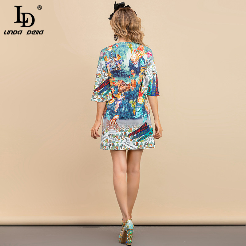 Summer Fashion Runway Elegant Party Dress Women Half Sleeve Crystal Beading Letter Print Lady Loose Mini 210522