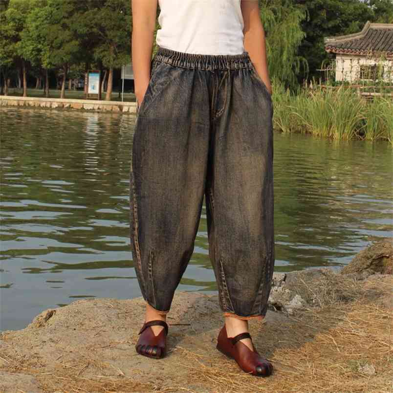 Autumn Arrival Arts Style Women Jeans Elastic Waist Loose Denim Harem Pants Female Vintage High Quality D574 210512