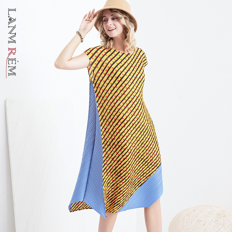 Summer Fashion Pleated Dresses For Women Hit Color Striped Patchwork Irregular Wave Short Sleeve Clothes YH926 210526