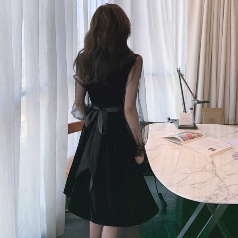 Yedinas Women Elegant Gothic Black Dress Long Lantern Mesh Sleeve Sexy V-neck Party Dresses Ladies Vestidos Mujer Autumn Spring 210527